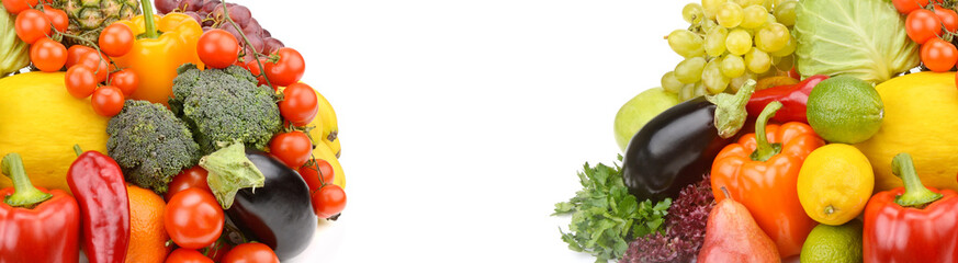 Collection fruits and vegetables isolated on a white. Collage. Wide photo.