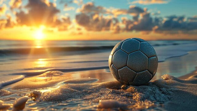 Fu&szlig;ball liegt im sanften Licht des Sonnenuntergangs am Strand