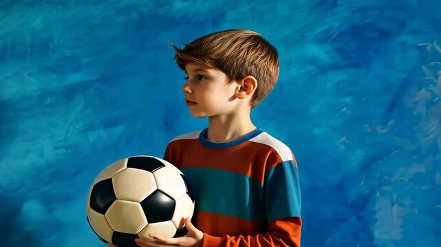 Junge mit Fu&szlig;ball vor blauem Studiohintergrund