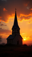 Fototapeta premium Sun setting behind a stone church with spires.