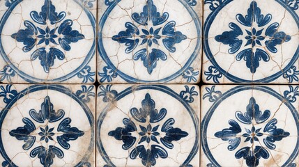 Ceramic wall tiles with blue and white ornament background. Old tiles with Spanish, Portuguese, and Moroccan patterns.