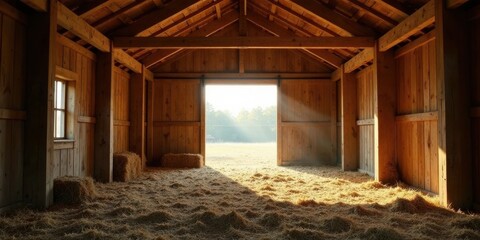 Fototapeta premium Serene Sunrise Illuminates Rustic Barn Interior with Hay-Covered Floor and Open Doors Revealing a Peaceful Pastoral Landscape