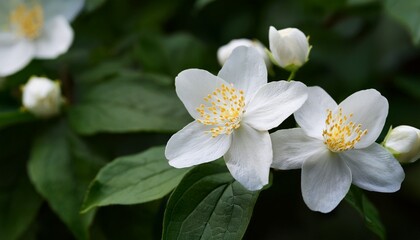 Fototapeta premium Philidelphus coronarius (common Seringa, Jasmine of poets). Delicate white flowers against dark green leaves