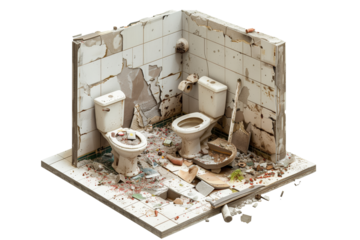 a broken toilet in a bathroom with a broken toilet Cutout and isolated and transparent background image