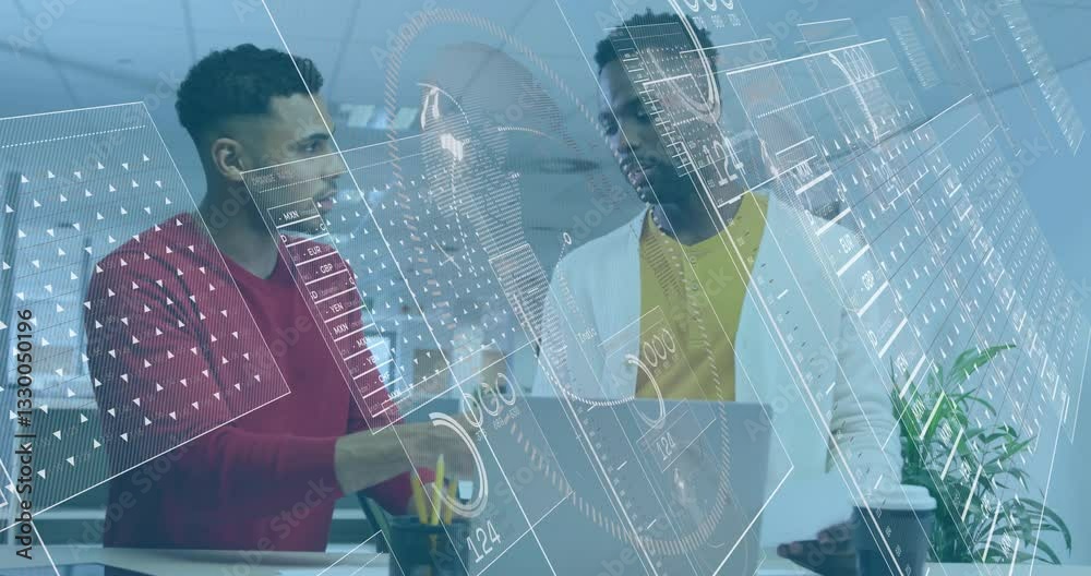Poster discussing data processing, two men using digital interface overlay in office