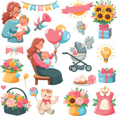 vector illustration of baby and mother with toys.