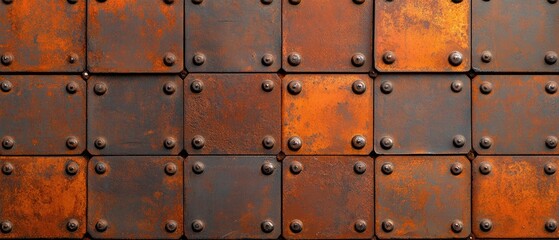 Fototapeta premium Rustic Metal Wall Texture: Oxidized Steel Plates and Rivets