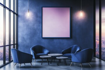 Fototapeta premium Modern lounge with blue armchairs, cityscape view.