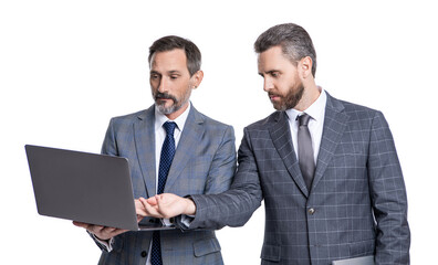 Fototapeta premium freelance men post blog online. freelance working online. businessmen using laptop for freelancing. business computer freelancing. businessmen freelancer isolated on white. Remote team