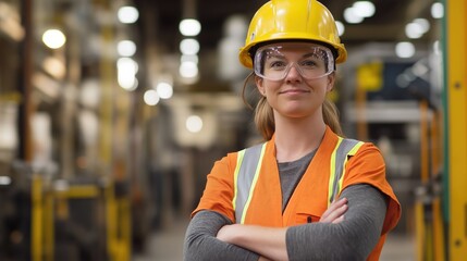 Portrait of an woman worker in a yellow protective helmet and goggles.