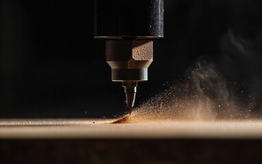 Close Up Of Cnc Router Bit Cutting Wood Plank With Smoke And Sawdust