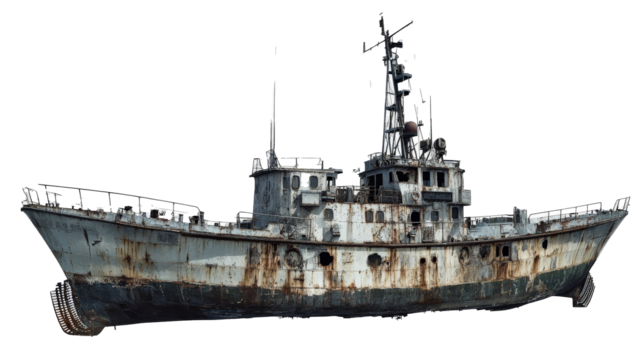 a rusted boat is sitting on the ground Cutout and isolated and transparent background image