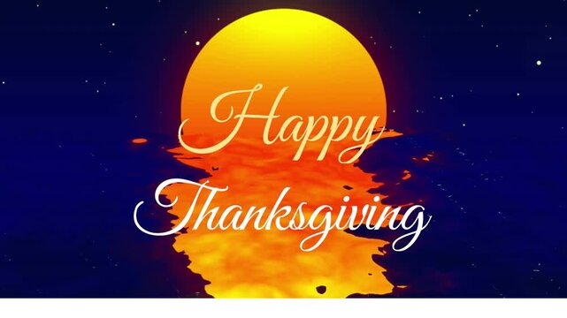 Happy Thanksgiving animation with elegant script over sunset water scene