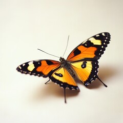 Fototapeta premium Close-up of a vibrant orange and black butterfly perched on a light surface in a calm indoor setting during daylight hours
