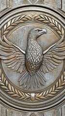 Detailed Carved Eagle Emblem with Laurel Design on Metallic Panel