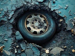  A tire of a car partially submerged in a deep pothole. Emphasizing the impact of poor road conditions on vehicles and infrastructure.