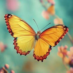 Vibrant butterfly gracefully flutters among colorful blossoms in a tranquil garden setting on a sunny day