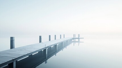 Fototapeta premium Serene foggy pier over calm water.