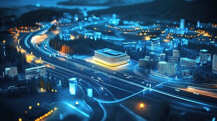 Fototapeta premium Illuminated Futuristic Smart Cityscape at Night with Traffic Flow
