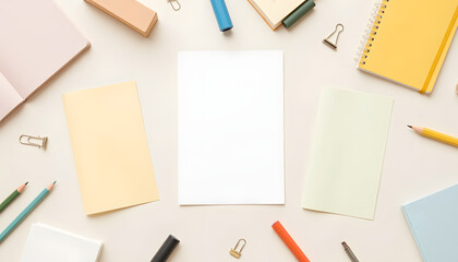 Minimalist stationery layout with colorful supplies on tabletop
