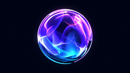Glowing vibrant particle 3d sphere in the Universe. Abstract technology, science, engineering, and artificial intelligence background. Wave energy orb. Virtual assistant concept. 