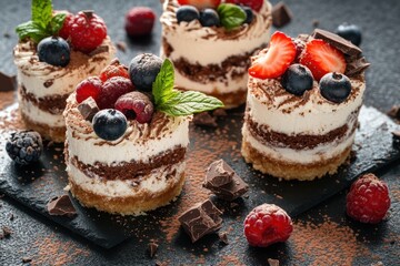 Assorted tiramisu desserts with berries and chocolate indulgent treat white background