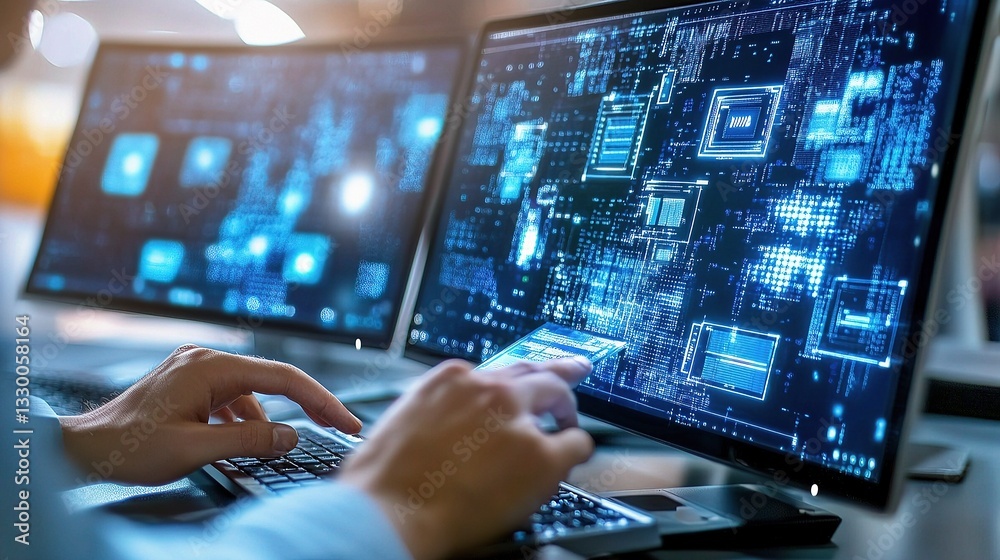 Poster cybersecurity expert analyzing encrypted data on computer screens