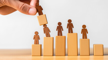 Hand replacing wooden figure atop ascending blocks