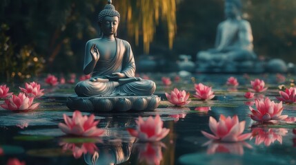 Buddha statue in meditation surrounded by lotus flowers on calm water, traditional Vesak festival in Buddhism