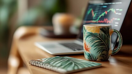 Tropical Mug Beside Laptop Displaying Stock Market Data