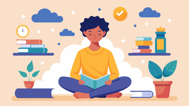 A student studying for an exam taking breaks to practice mindfulness and being aware of their thoughts and emotions.. Vector illustration