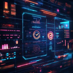 Fototapeta premium Digital interface with checkmark and icons. Futuristic graphic style on dark background. Concept of quality approval and project management