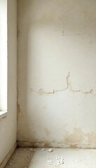 Water-stained plaster wall with white powdery patches in a bathroom, water damage, powder