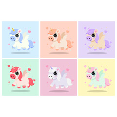 Set of adorable unicorns in pastel colors with different manes and expressions. Perfect for greeting cards, baby shower decorations, nursery prints, birthday invitations, and cute merchandise