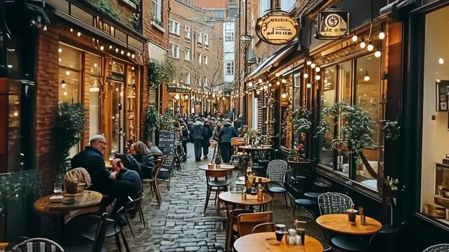 Charming London Alleyway: A Picturesque Evening in a Cobbled Street Filled with Cozy Cafes and Shops