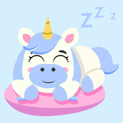 Adorable unicorn peacefully sleeping on a pink cushion, radiating relaxation and comfort. Perfect for bedtime themes, children’s books, nursery designs, and fantasy dreamland illustrations