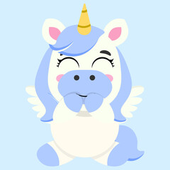 Fototapeta premium Smiling unicorn with blue hair and golden horn spreading joy and magic. Ideal for children's designs, greeting cards, fantasy themes, and playful decorations