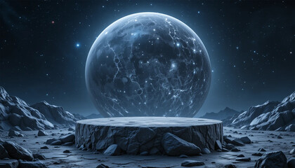 Lunar Inspired glossy moon rock texture podium, front view focus, with a deep space backdrop background, ideal for futuristic fitness gear product displays.