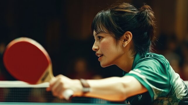 A dynamic shot of a focused table tennis player mid-action, showcasing determination, skill, and the competitive spirit in an energetic sports environment.