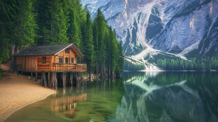 Fototapeta premium Wooden cabin by a serene lake surrounded by forest and mountains
