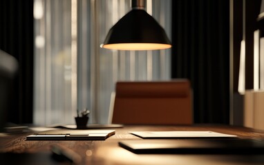 Fototapeta premium Empty Home Office Desk Under Warm Lamp Light With Papers and Notebook