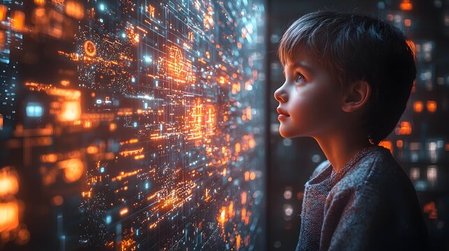 Futuristic Classroom with Glowing Interactive Learning for Diverse Students Fostering in Education - Powered by Adobe