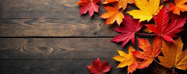 Obraz premium Top view of a textured arrangement of autumn foliage on a wooden background, autumn, fall