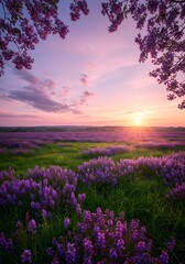 Fototapeta premium Delicate blossoms hang overhead, enhancing the majestic panorama of dusk