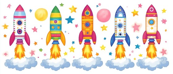 Colorful Rockets Taking Off in Space