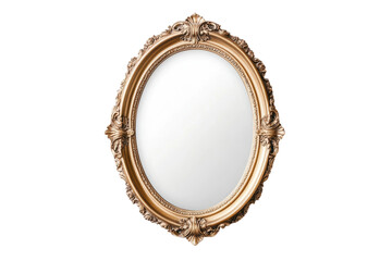 Ornate antique gold oval mirror with decorative frame on black background, cut out