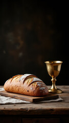 A loaf of bread on a rustic table with a golden chalice next to it, setting the scene for Christian communion.