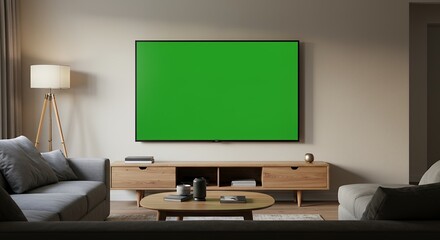Living Room with Green Screen Tv for Home Entertainment Mockup