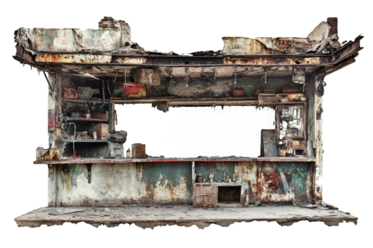 an old rusty and rusty building with a white background Cutout and isolated and transparent background image