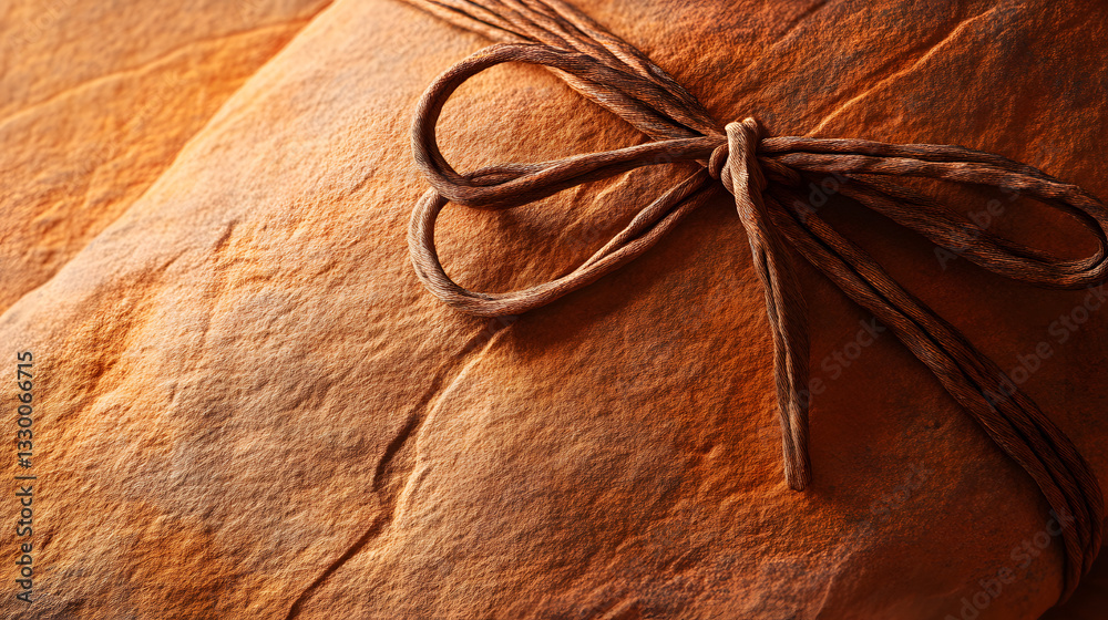 Poster unique knot tied to a rock with sketchy linear technique on textured paper illuminated by warm light